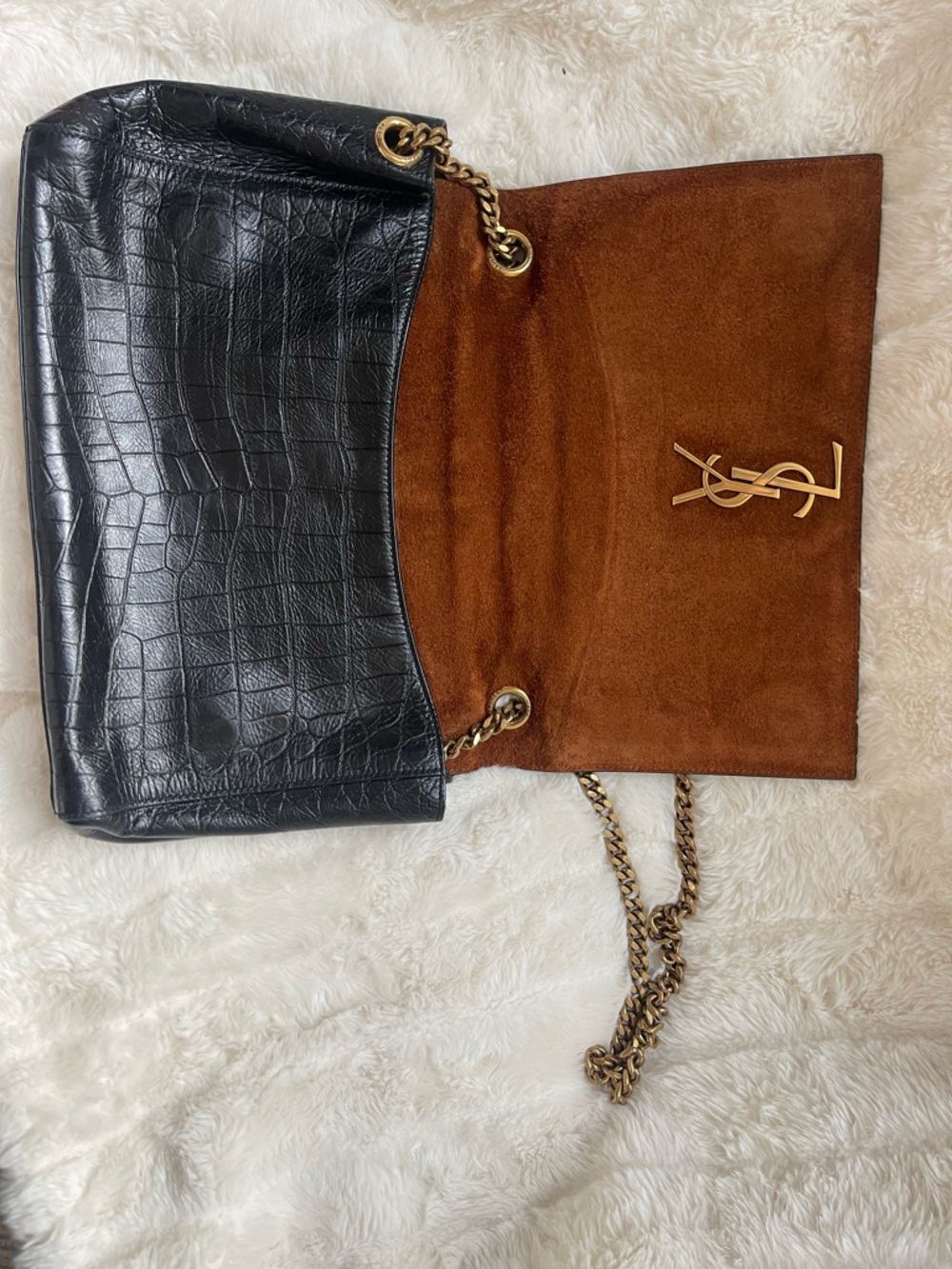 Saint Laurent Black Croc-Embossed Shoulder Bag with Gold Hardware - Picture 3 of 9